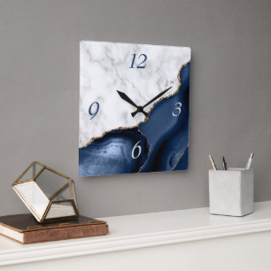 White Marble Navy Blue Agate Gold Glitter Square Wall Clock