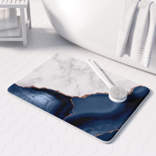 White Marble Navy Blue Agate Rose Gold Glitter Bath Mat
