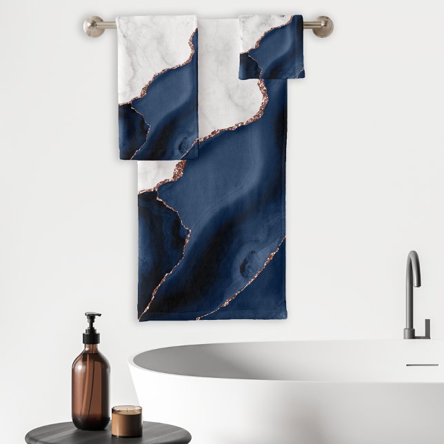 White Marble Navy Blue Agate Rose Gold Glitter Bath Towel Set (Creator Uploaded)