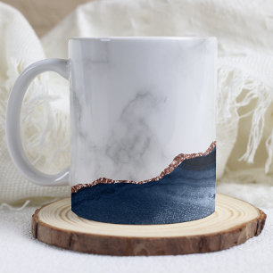 White Marble Navy Blue Agate Rose Gold Glitter Coffee Mug