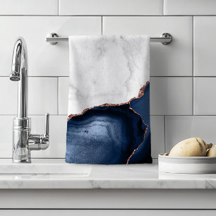 White Marble Navy Blue Agate Rose Gold Glitter Hand Towel