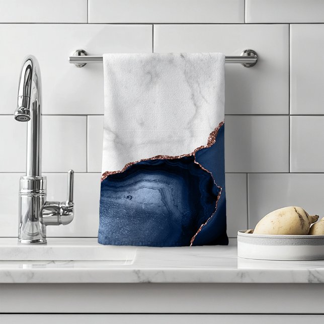 White Marble Navy Blue Agate Rose Gold Glitter Hand Towel (Creator Uploaded)