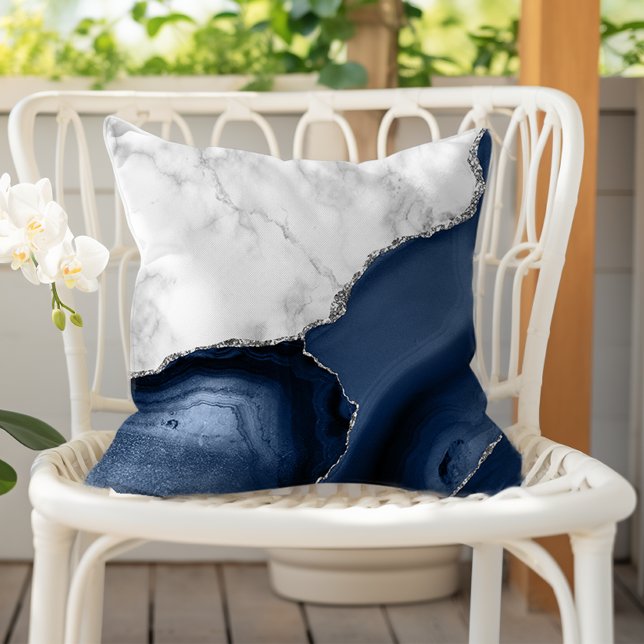 White Marble Navy Blue Agate Silver Glitter Cushion (Creator Uploaded)