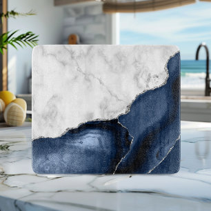White Marble Navy Blue Agate Silver Glitter Cutting Board