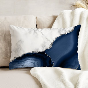 White Marble Navy Blue Agate Silver Glitter Decorative Cushion
