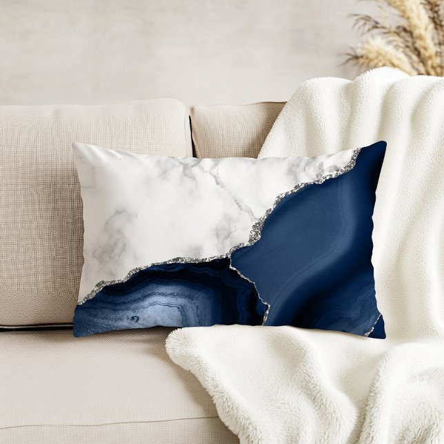 White Marble Navy Blue Agate Silver Glitter Decorative Cushion (Creator Uploaded)