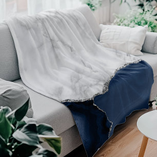 White Marble Navy Blue Agate Silver Glitter Fleece Blanket