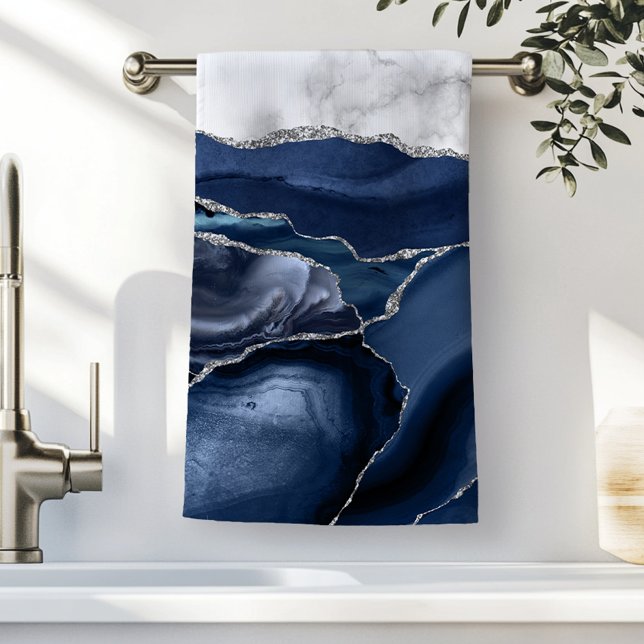 White Marble Navy Blue Agate Silver Glitter Hand Towel (Creator Uploaded)