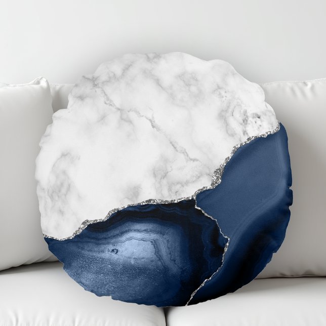 White Marble Navy Blue Agate Silver Glitter Round Cushion (Creator Uploaded)