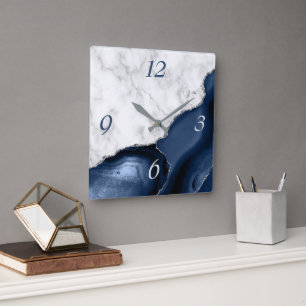 White Marble Navy Blue Agate Silver Glitter Square Wall Clock