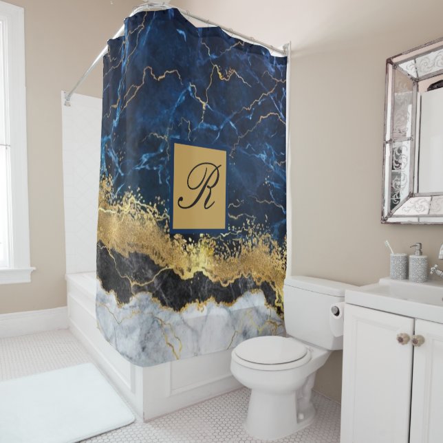 White Marble Navy Blue Gold Agate Monogram Shower Curtain (In Situ)