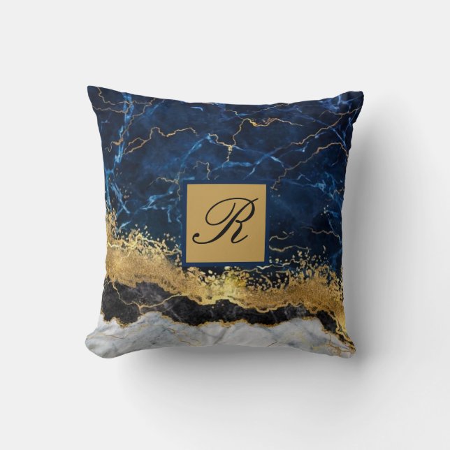 White Marble Navy Blue Gold Agate Monogram Throw P Cushion (Front)