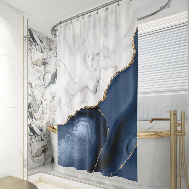 White Marble Navy Blue Gold Agate Shower Curtain (Creator Uploaded)