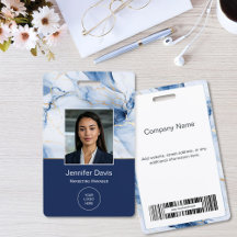 White Marble Navy Blue Gold Custom Name Badge