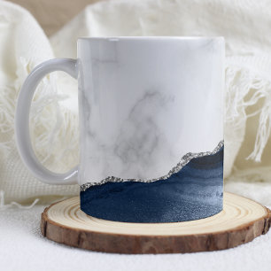 White Marble Navy Blue Silver Agate Coffee Mug