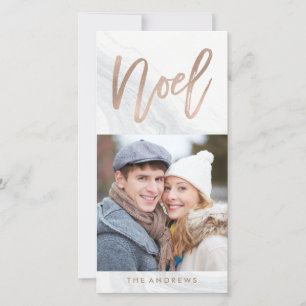 White Marble Noel Holiday Photo Card in Bronze
