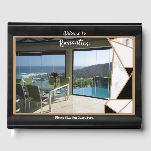 White Marble Offset with Onyx Black abstract Guest Book (Front)