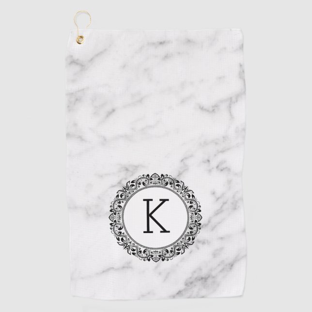 White marble Ornate Circle & Monogram Golf Towel (Front)