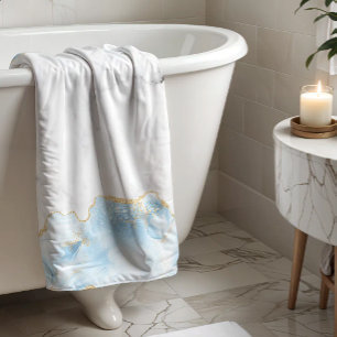 White Marble Pastel Blue Agate Gold Glitter Bath Towel