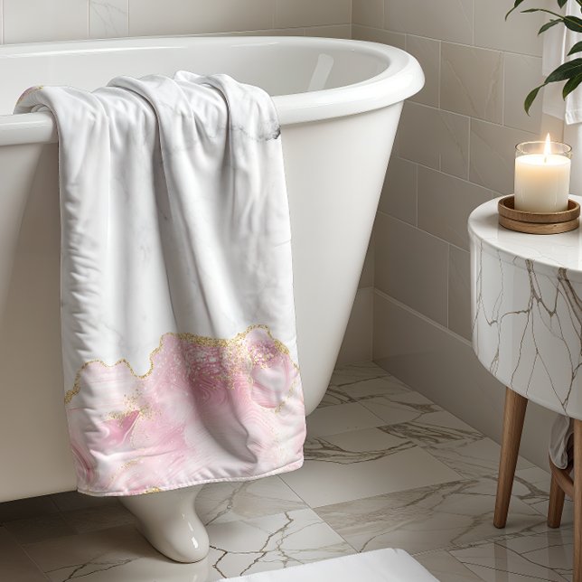 White Marble Pastel Pink Agate Gold Glitter Bath Towel (Creator Uploaded)