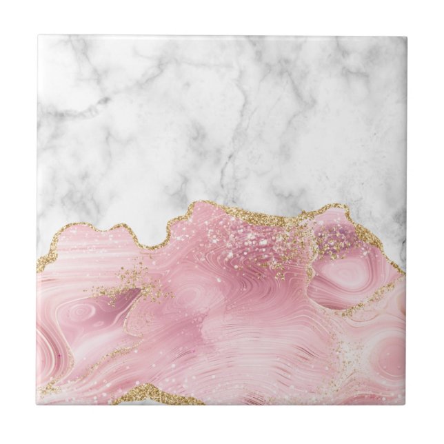 White Marble Pastel Pink Agate Gold Glitter  Ceramic Tile (Front)