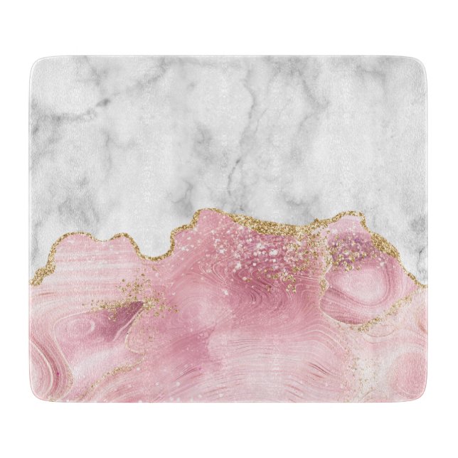 White Marble Pastel Pink Agate Gold Glitter Cutting Board (Front)