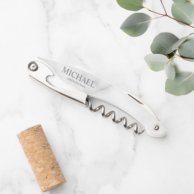 White Marble Personalised Groomsmen Corkscrew (Creator Uploaded)