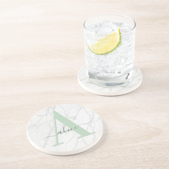 White Marble Personalised Modern Monogram Coaster (Side)
