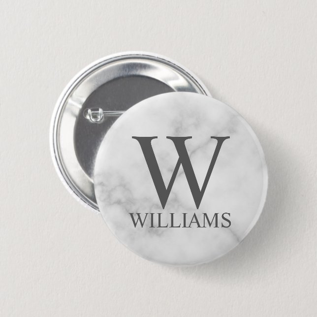 White Marble Personalised Monogram and Name 6 Cm Round Badge (Front & Back)