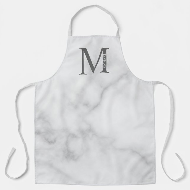 White Marble Personalised Monogram and Name Apron (Front)