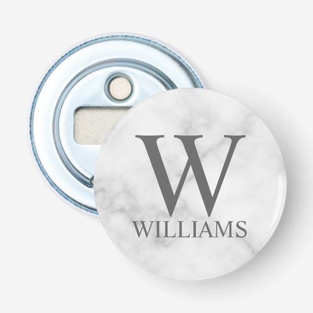 White Marble Personalised Monogram and Name Bottle Opener (Front)