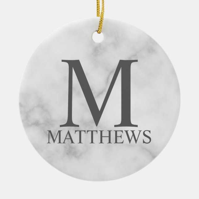 White Marble Personalised Monogram and Name Ceramic Ornament (Front)