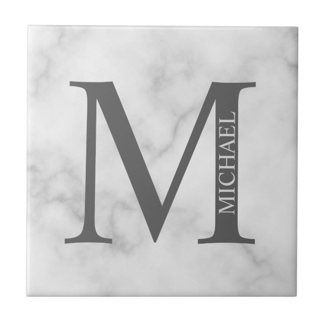 White Marble Personalised Monogram and Name Ceramic Tile (Front)