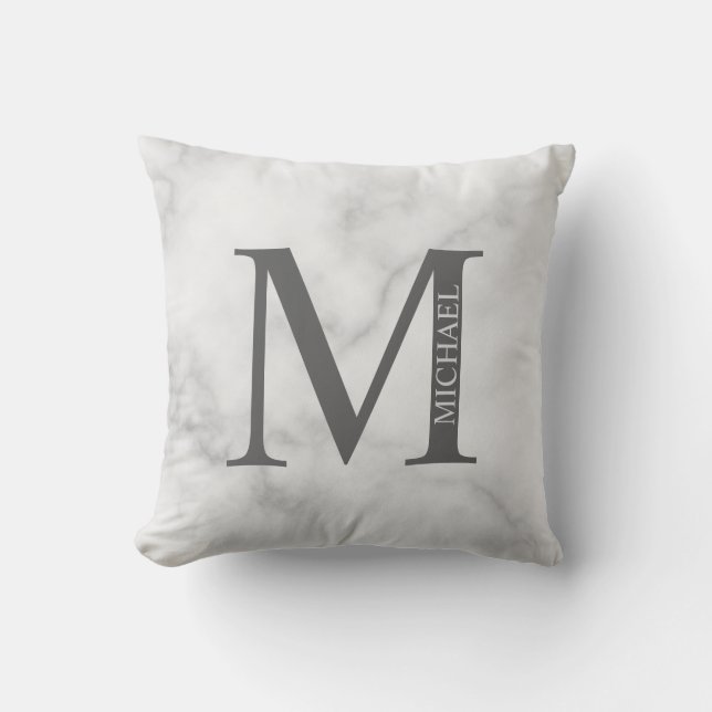 White Marble Personalised Monogram and Name Cushion (Front)