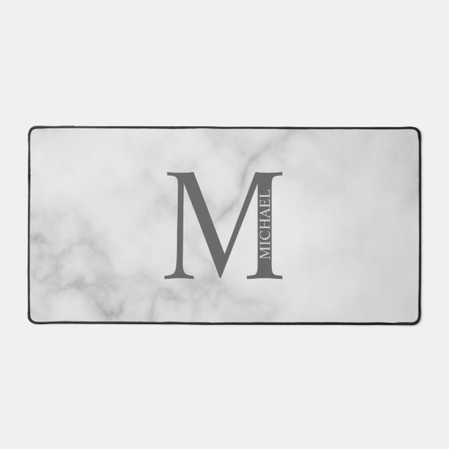 White Marble Personalised Monogram and Name Desk Mat (Front)