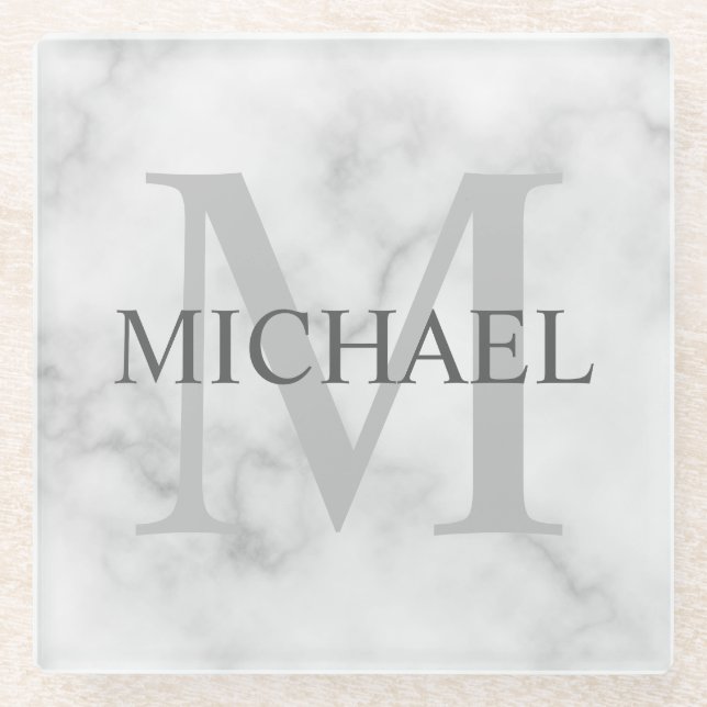 White Marble Personalised Monogram and Name Glass Coaster (Front)