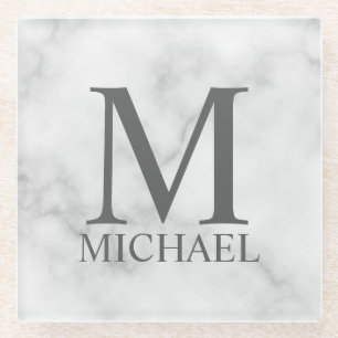 White Marble Personalised Monogram and Name Glass Coaster
