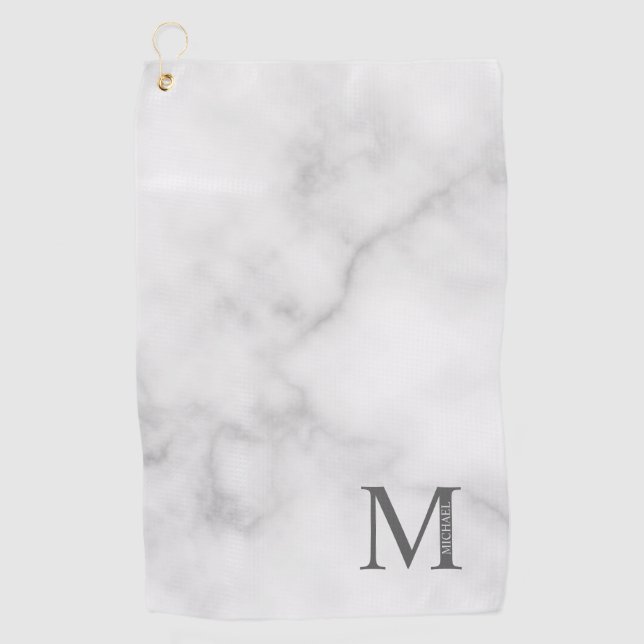 White Marble Personalised Monogram and Name Golf Towel (Front)