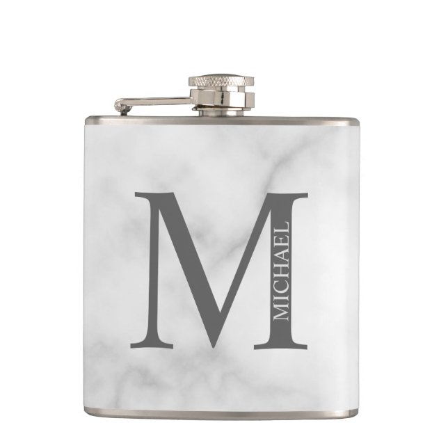 White Marble Personalised Monogram and Name  Hip Flask (Front)