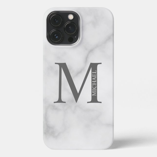 White Marble Personalised Monogram and Name iPhone Case (Back)