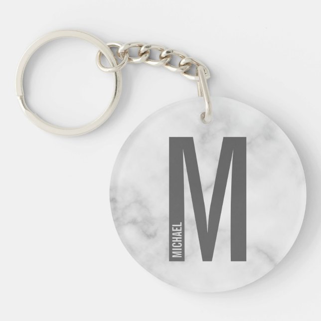 White Marble Personalised Monogram and Name Key Ring (Front)