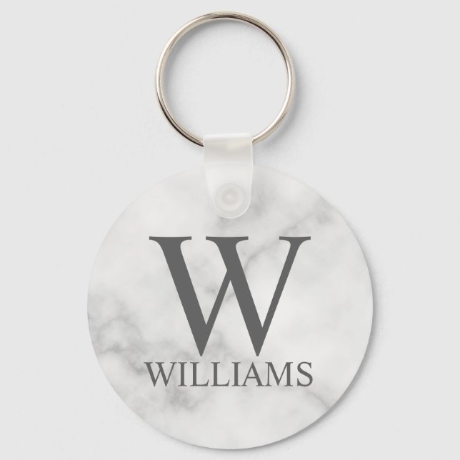 White Marble Personalised Monogram and Name Key Ring (Front)