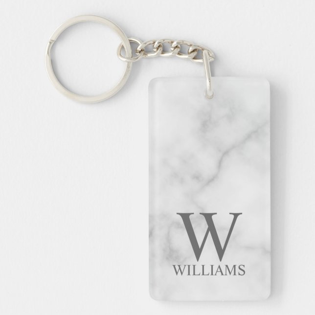 White Marble Personalised Monogram and Name Key Ring (Front)