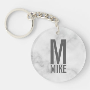 White Marble Personalised Monogram and Name  Key Ring