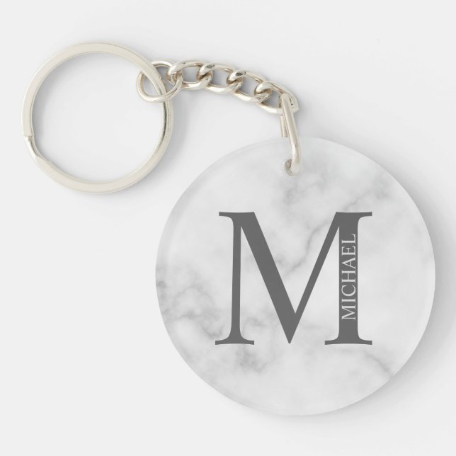White Marble Personalised Monogram and Name Key Ring (Front)