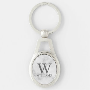 White Marble Personalised Monogram and Name  Key Ring