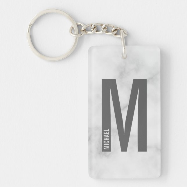 White Marble Personalised Monogram and Name Key Ring (Front)