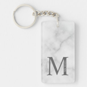 White Marble Personalised Monogram and Name  Key Ring