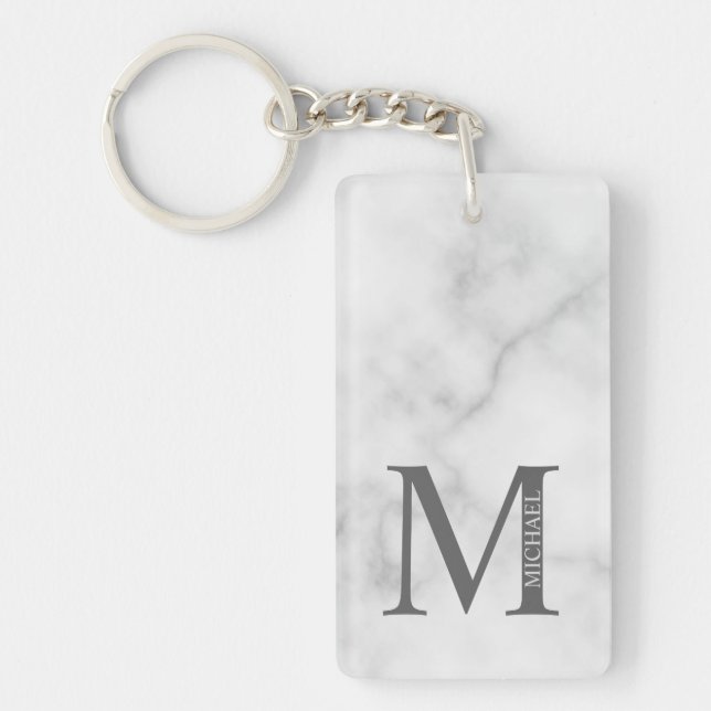 White Marble Personalised Monogram and Name  Key Ring (Front)