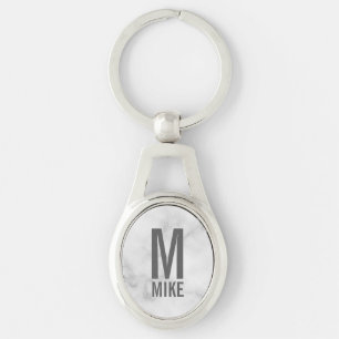 White Marble Personalised Monogram and Name  Key Ring